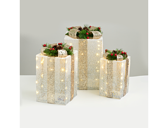 ^ SET "WHITE&amp;SILVER GIFT BOX,CHAMPAGN GOLD BOW" 90(20+30+40) WW MINILED ΜΠΑΤ.3*3ΑΑ IP20 30,36,41CM