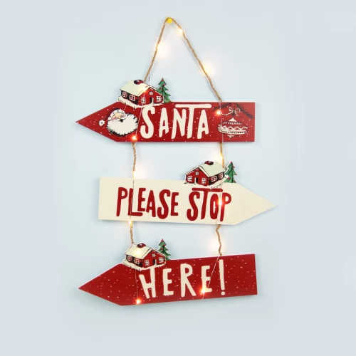 ^ WOODEN SANTA SIGNPOST 14 MINI LED WW Λ/ΚΙΑ ΜΠ/ΡΙΕΣ (2AAA) IP20 31X2X45CM