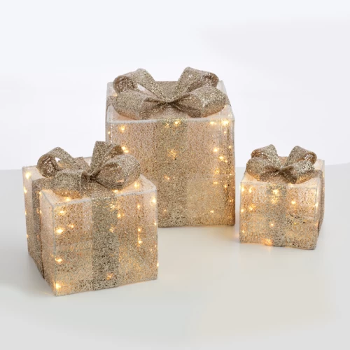 ^ SET WHITE&CHAMPAGN GOLD GIFT BOX&GLITR BOW 90(20+30+40)WW MINILED  ΜΠΑΤ.3*3ΑΑ IP20 17,23,28.5CM