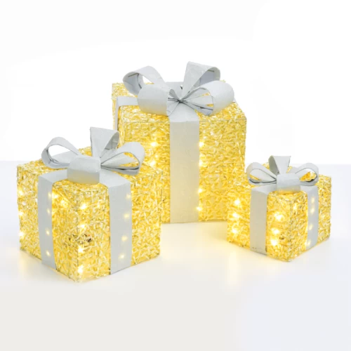 ^ SET GOLD SILK GIFT BOX, SILVER BOW  90(20+30+40) WW MINI LED ΛΑΜΠ. ΜΠΑΤ. 3*3ΑΑ IP20 18,24,30CM
